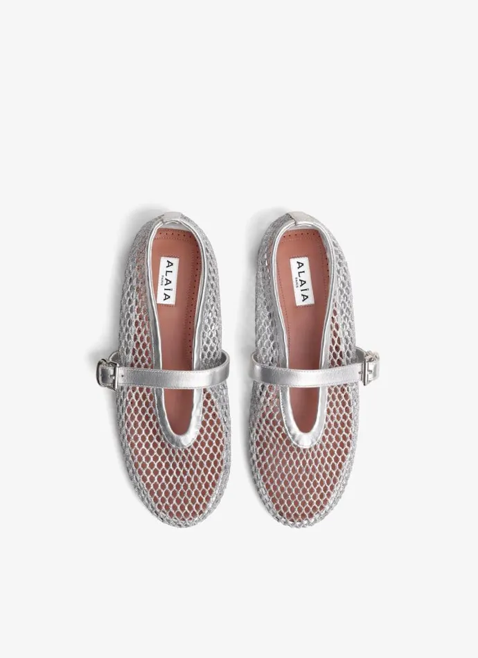 Alaa La Ballerine BALLET FLATS IN LAMINATED FISHNET Silver 8211 Women