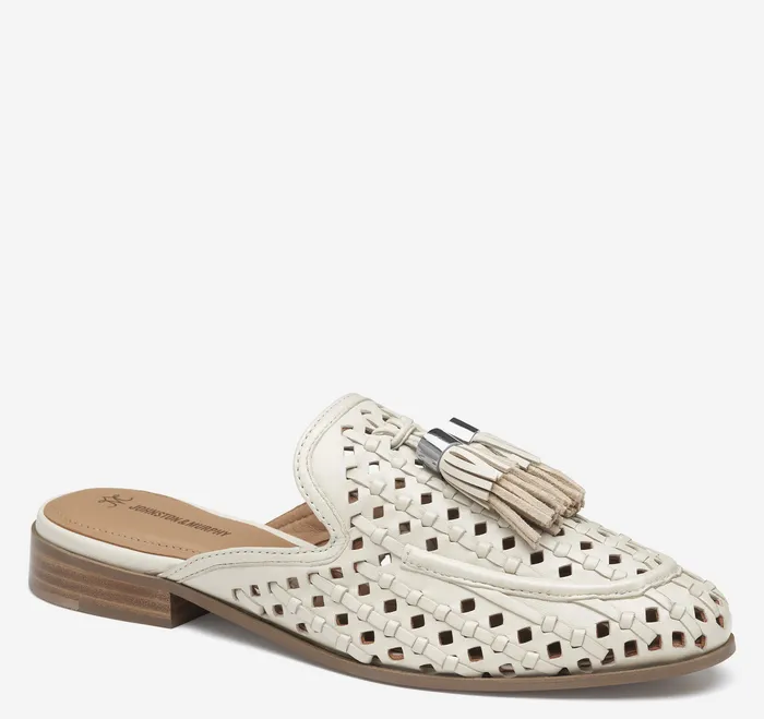 Ali Woven Tassel Mule Bone Glove Leather Mules and Loafers Johnston and Murphy Women