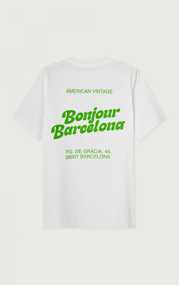 American Vintage Short Sleeve TShirts WomenMen TShirt Fizvalley 034Bonjour Barcelona034 White American Vintage Short Sleeve TShirts WomenMen TShirt Fizvalley 034Bonjour Barcelona034 White