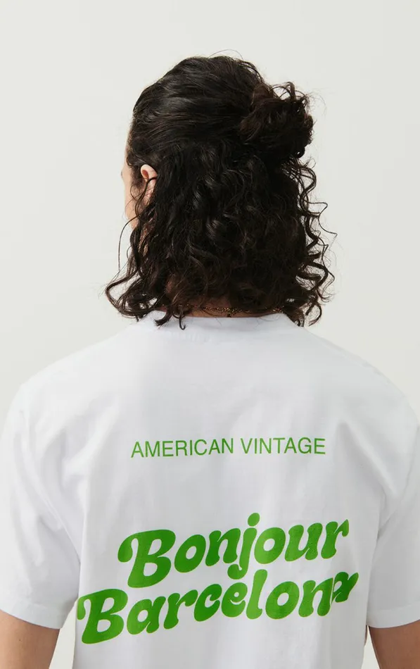 American Vintage Short Sleeve TShirts WomenMen TShirt Fizvalley 034Bonjour Barcelona034 White American Vintage Short Sleeve TShirts WomenMen TShirt Fizvalley 034Bonjour Barcelona034 White
