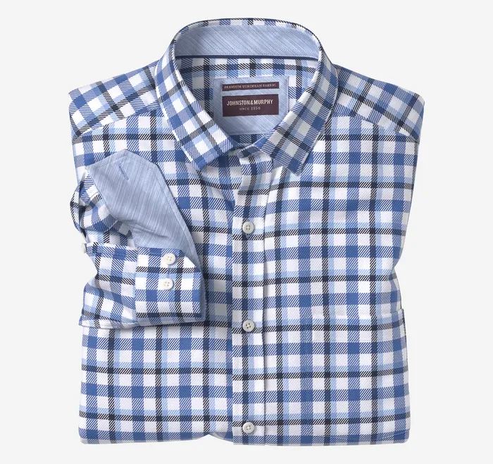 Apparel Men Premium Cotton Shirts Blue Twill Check Johnston and Murphy