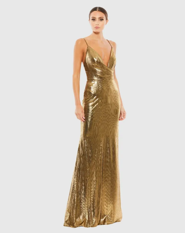 Best Sellers Mac Duggal Women Gold Metallic Faux Wrap Spaghetti Strap Gown Bronze