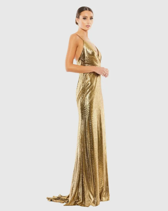 Best Sellers Mac Duggal Women Gold Metallic Faux Wrap Spaghetti Strap Gown Bronze