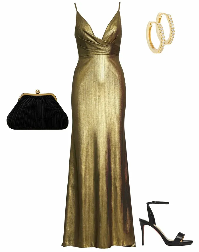 Best Sellers Mac Duggal Women Gold Metallic Faux Wrap Spaghetti Strap Gown Bronze