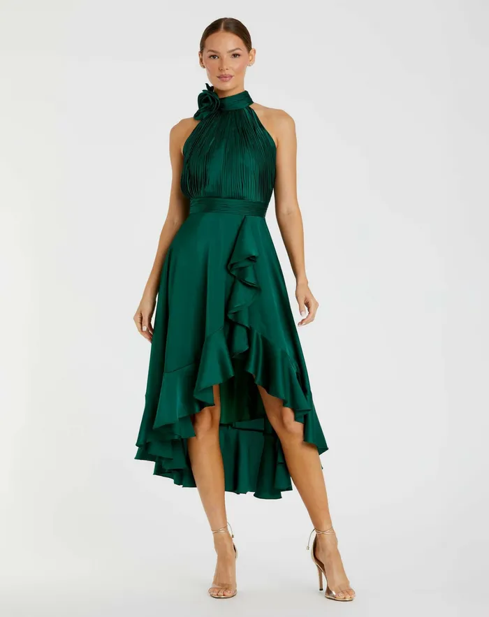 Best Sellers Mac Duggal Women Green Halter Neck Flower Detail Ruffled Midi Dress Emerald