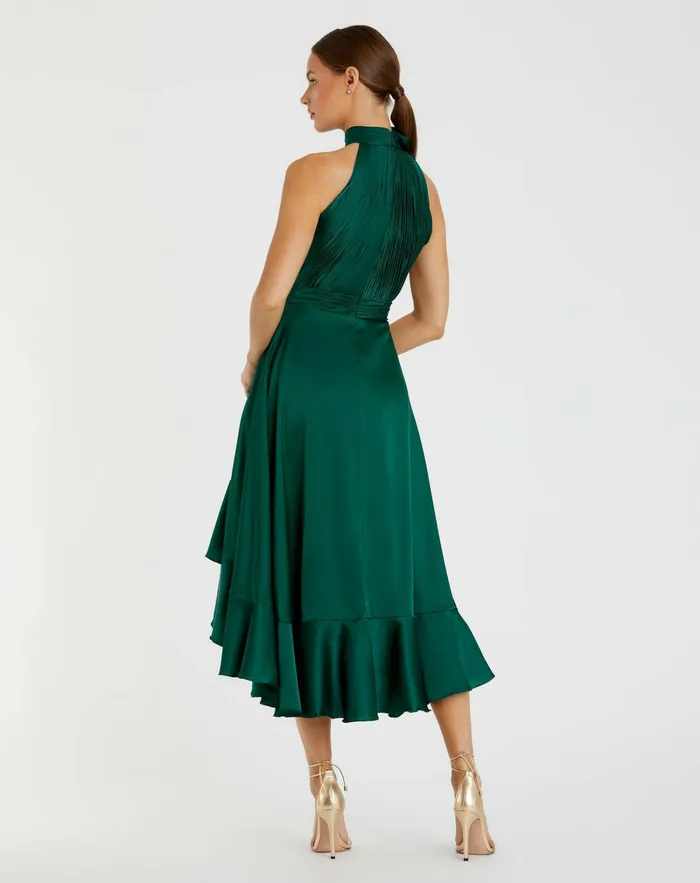 Best Sellers Mac Duggal Women Green Halter Neck Flower Detail Ruffled Midi Dress Emerald