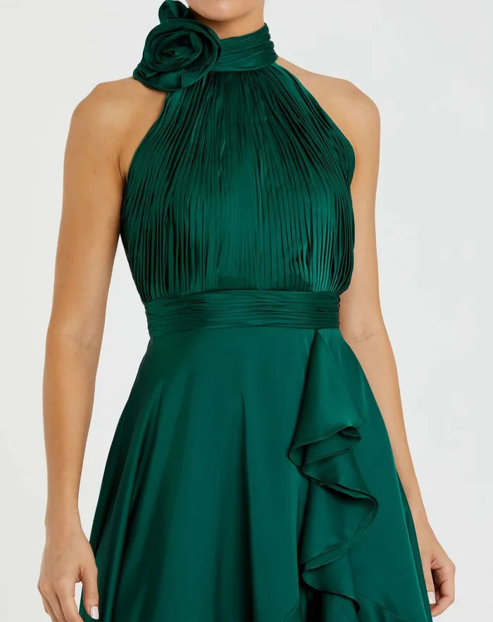 Best Sellers Mac Duggal Women Green Halter Neck Flower Detail Ruffled Midi Dress Emerald