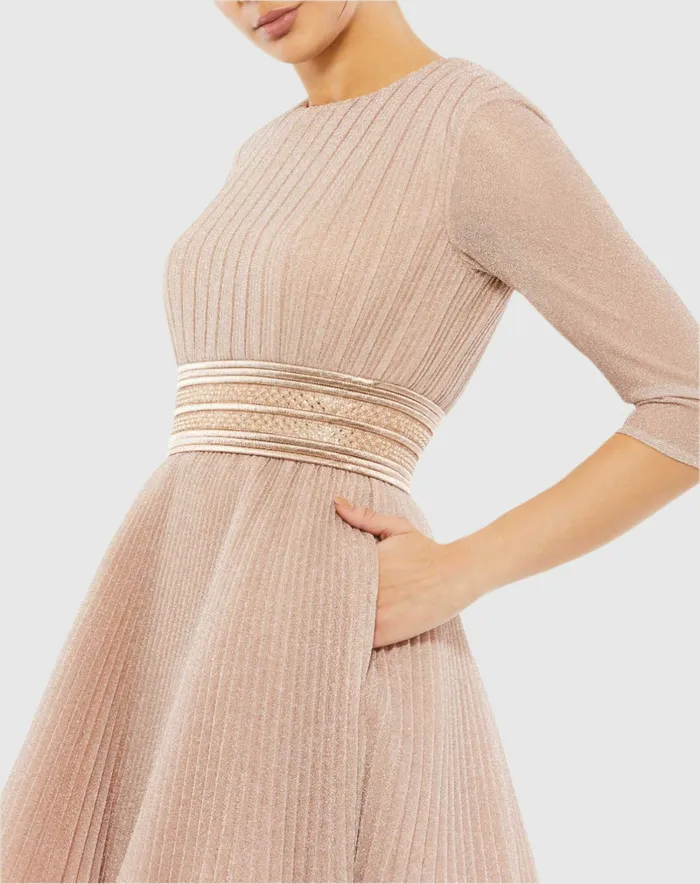 Best Sellers Women Pink Shimmer Infused Pleated Mini Dress Rose Gold Mac Duggal