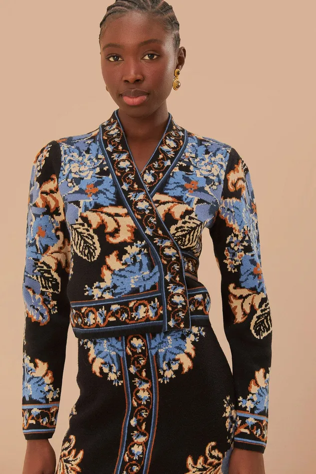Black Blossom Tapestry Knit Wrap Blouse Women Farm Rio Blouses