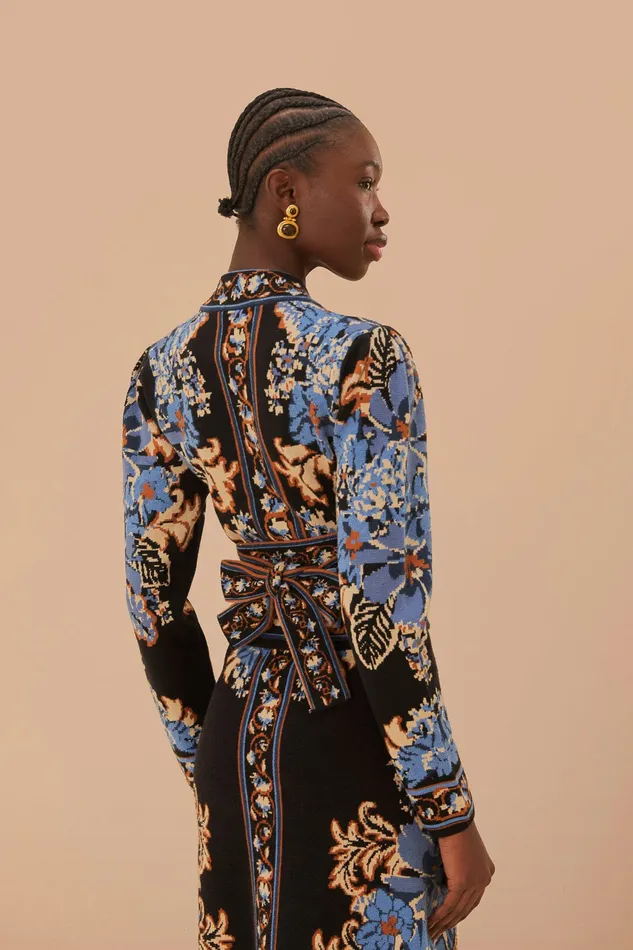 Black Blossom Tapestry Knit Wrap Blouse Women Farm Rio Blouses