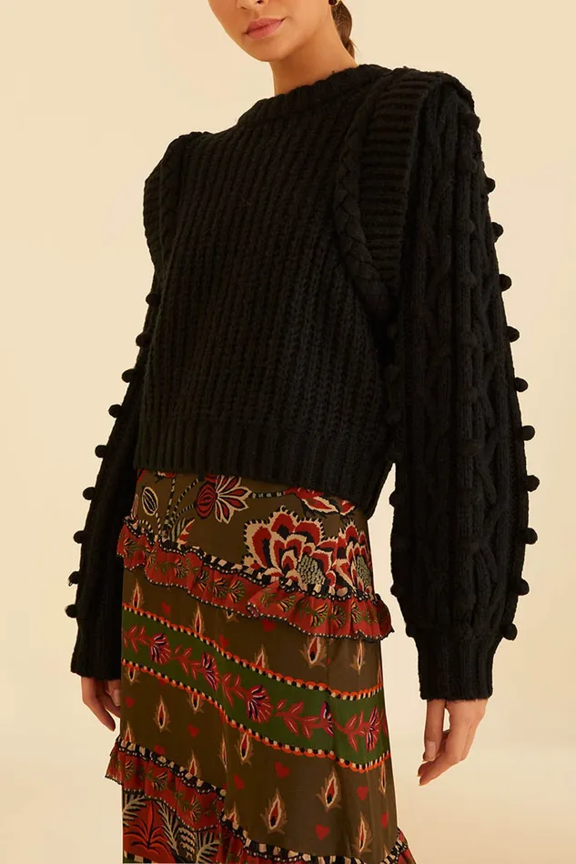 Black Braided Sweater Women Farm Rio Sweaters and Sweatshirts