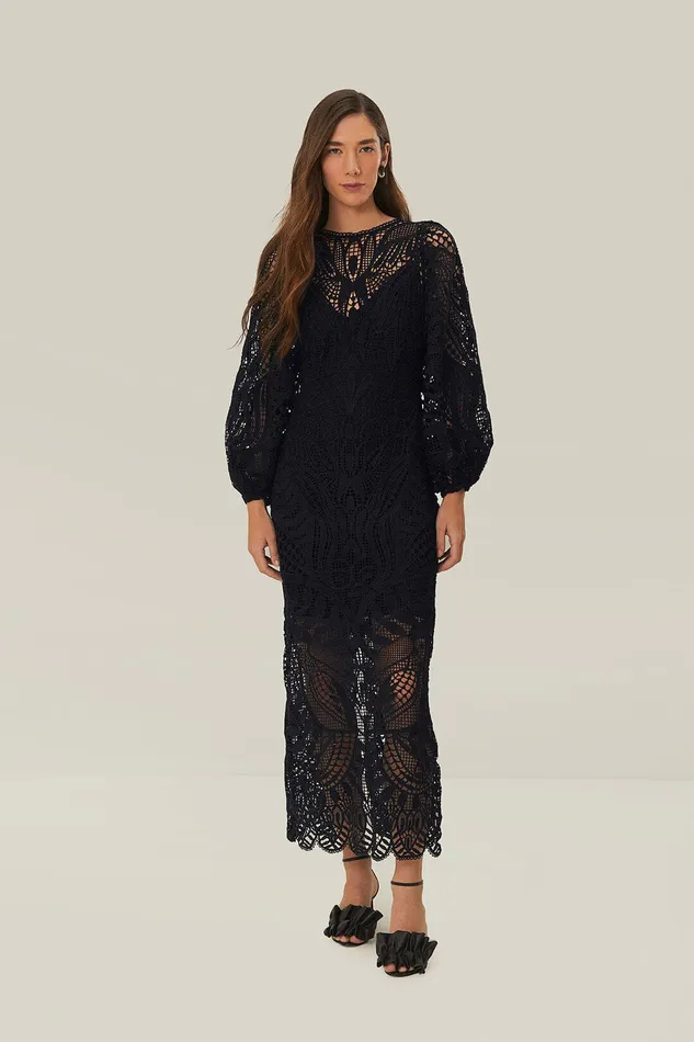 Black Nature Guipure Midi Dress Women Farm Rio Midi Dresses