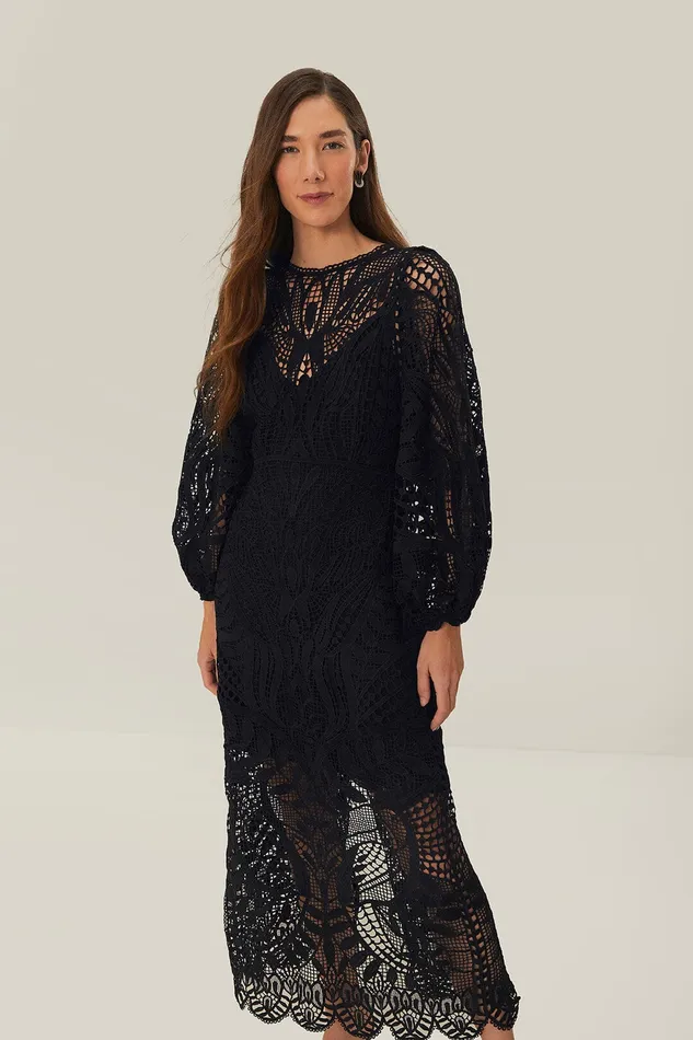 Black Nature Guipure Midi Dress Women Farm Rio Midi Dresses