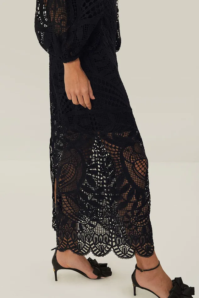 Black Nature Guipure Midi Dress Women Farm Rio Midi Dresses