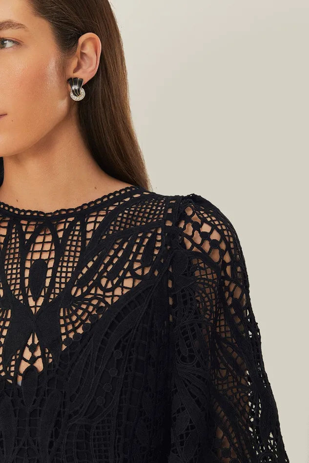 Black Nature Guipure Midi Dress Women Farm Rio Midi Dresses
