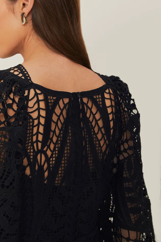 Black Nature Guipure Midi Dress Women Farm Rio Midi Dresses