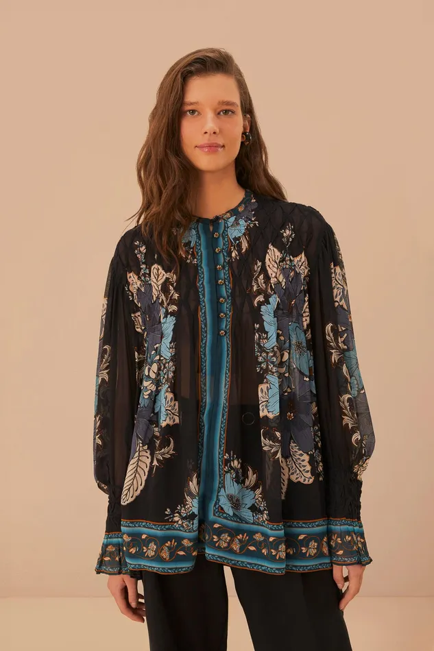 Blossom Tapestry Black Bee Smocked Blouse Women Farm Rio Blouses