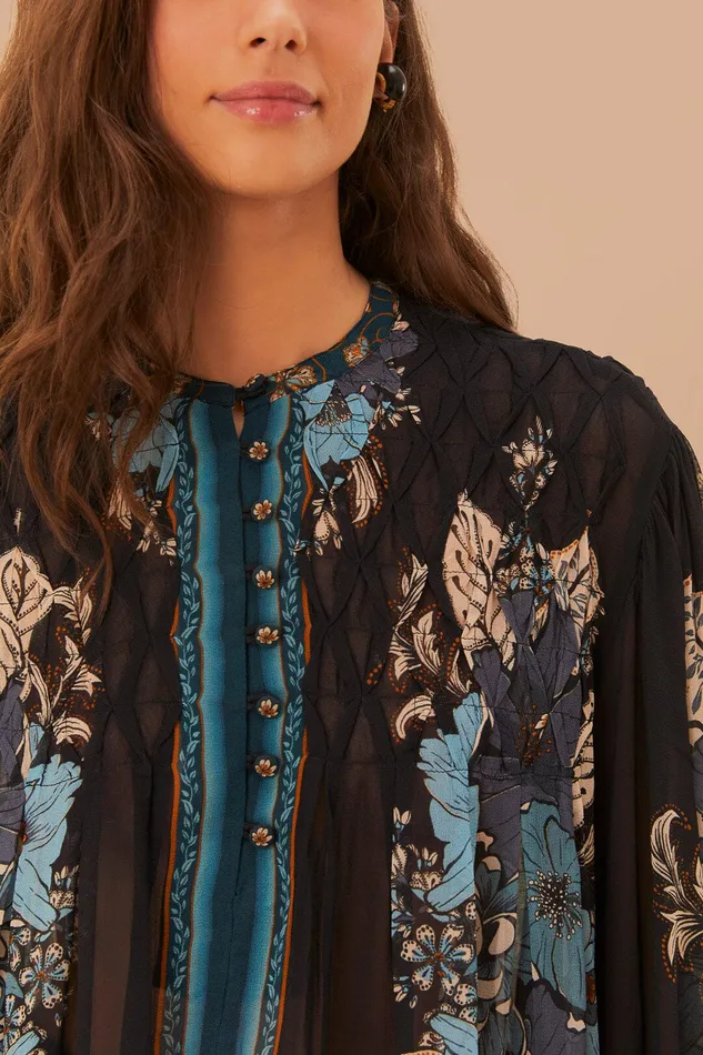 Blossom Tapestry Black Bee Smocked Blouse Women Farm Rio Blouses