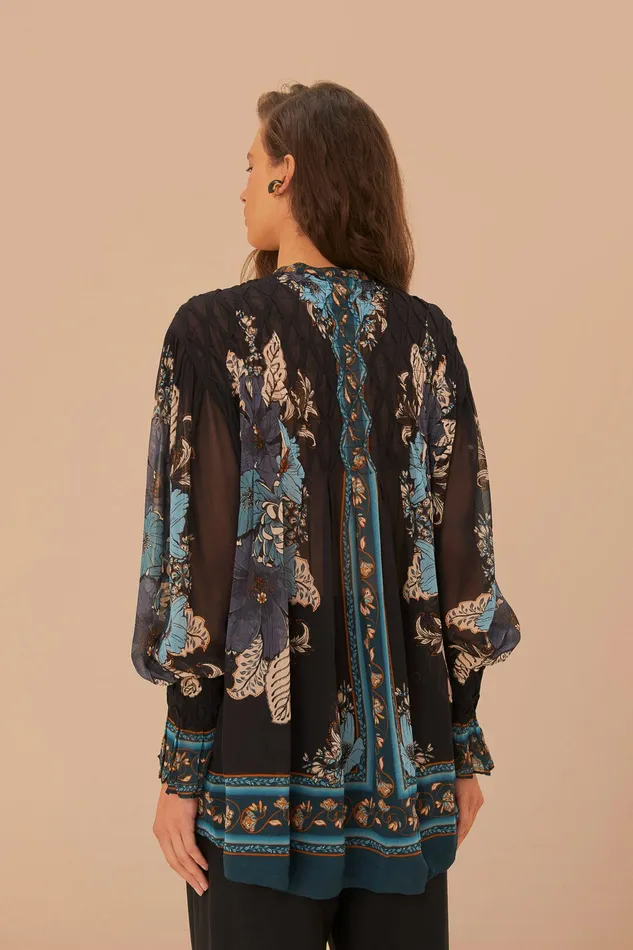 Blossom Tapestry Black Bee Smocked Blouse Women Farm Rio Blouses