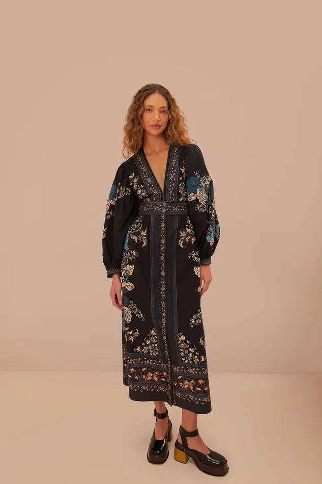 Blossom Tapestry Black Midi Dress Women Farm Rio Midi Dresses