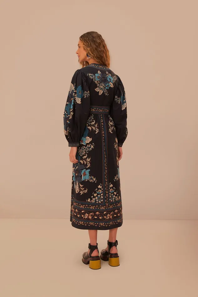 Blossom Tapestry Black Midi Dress Women Farm Rio Midi Dresses