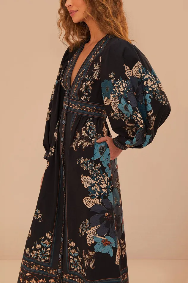 Blossom Tapestry Black Midi Dress Women Farm Rio Midi Dresses