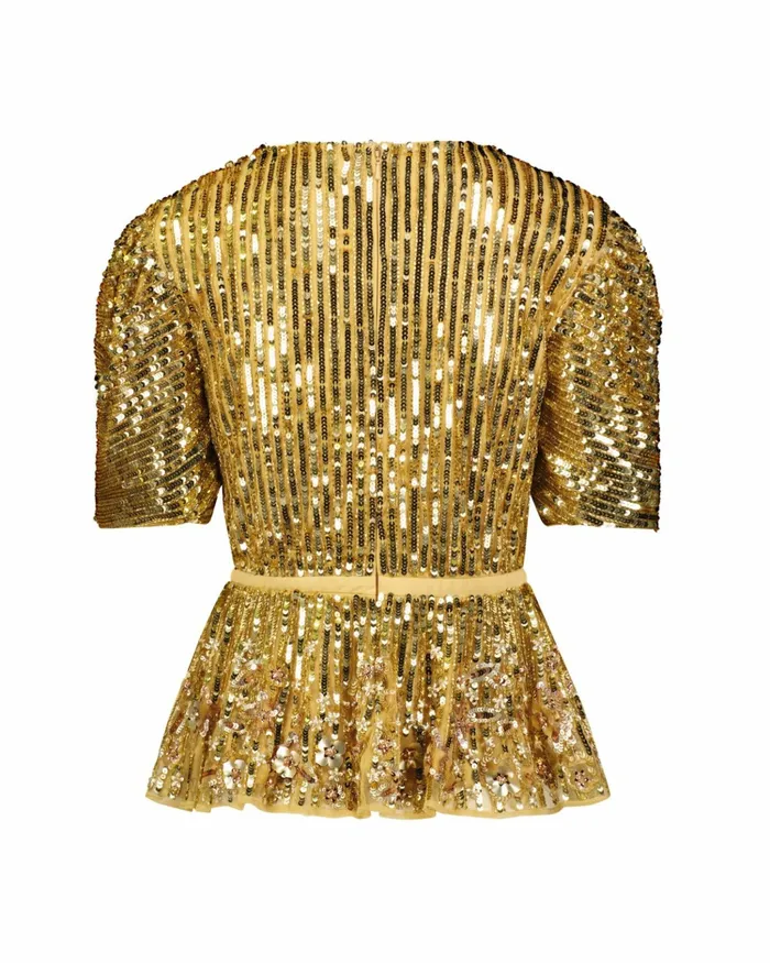 Blouses and Tops Mac Duggal Women Sequined Puff Sleeve Faux Wrap Top 8211 FINAL SALE Gold