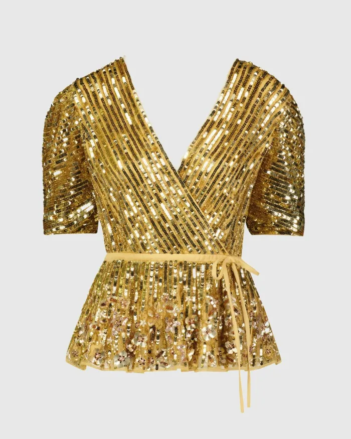 Blouses and Tops Mac Duggal Women Sequined Puff Sleeve Faux Wrap Top 8211 FINAL SALE Gold