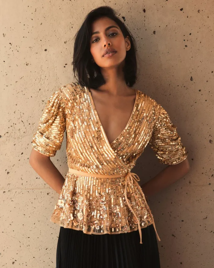 Blouses and Tops Mac Duggal Women Sequined Puff Sleeve Faux Wrap Top 8211 FINAL SALE Gold
