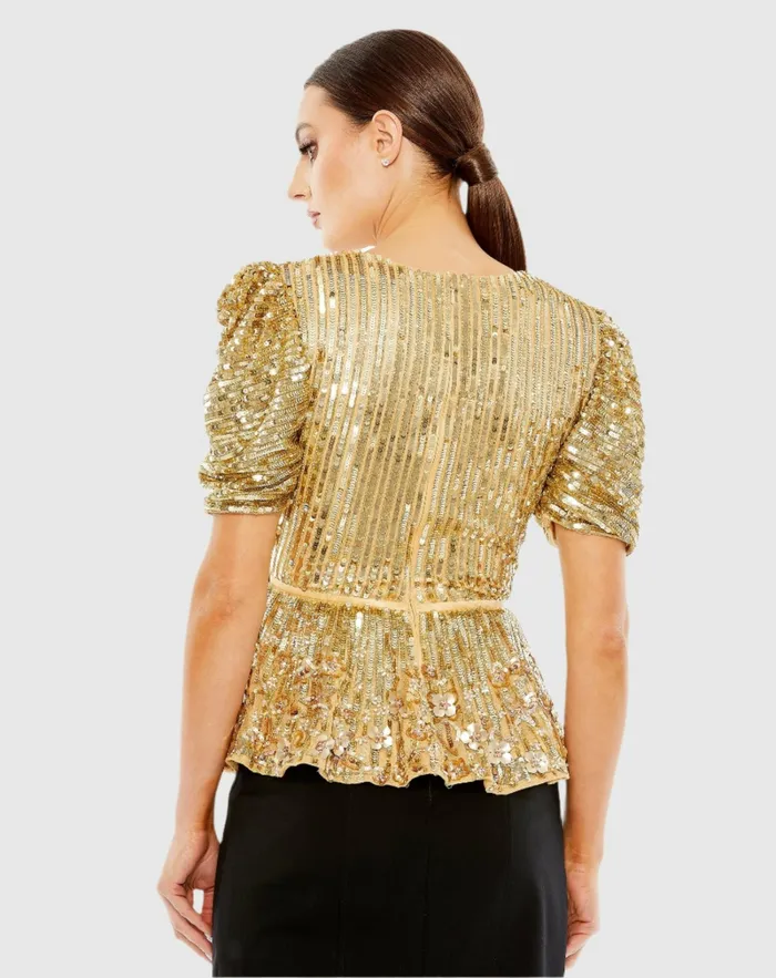 Blouses and Tops Mac Duggal Women Sequined Puff Sleeve Faux Wrap Top 8211 FINAL SALE Gold