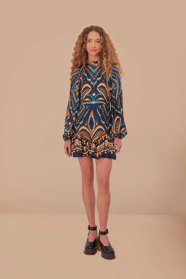 Blue Pineapple Ikat Lenzing Ecovero Viscose Mini Dress Women Farm Rio Mini Dresses
