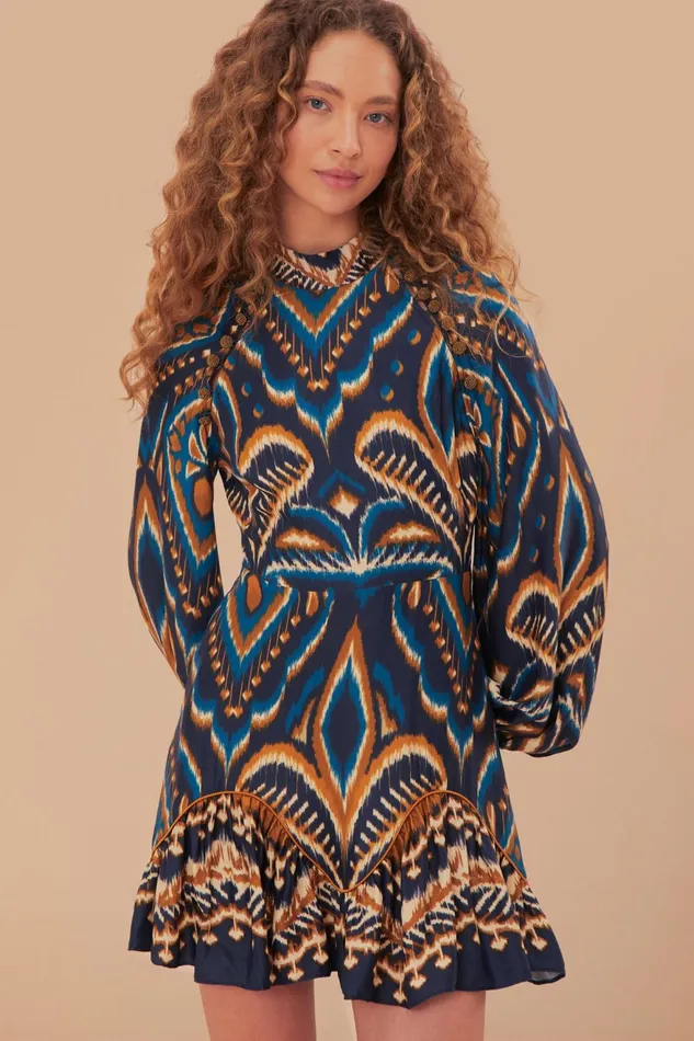 Blue Pineapple Ikat Lenzing Ecovero Viscose Mini Dress Women Farm Rio Mini Dresses