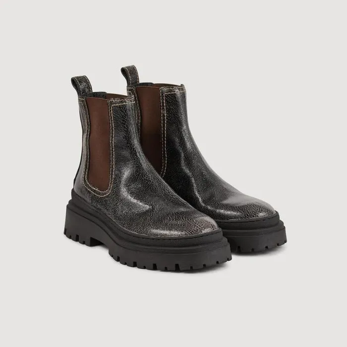 Boots Women SANDRO Crackled Leather Chelsea Boots Black