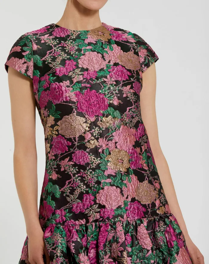 Brocade Cap Sleeve Mini Dress With Ruffle Hem Black Multi Women Daytime Dresses Mac Duggal