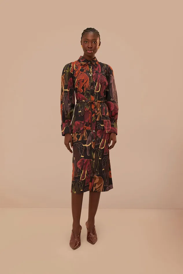 Brown Elephants Long Sleeve Midi Dress Women Farm Rio Midi Dresses