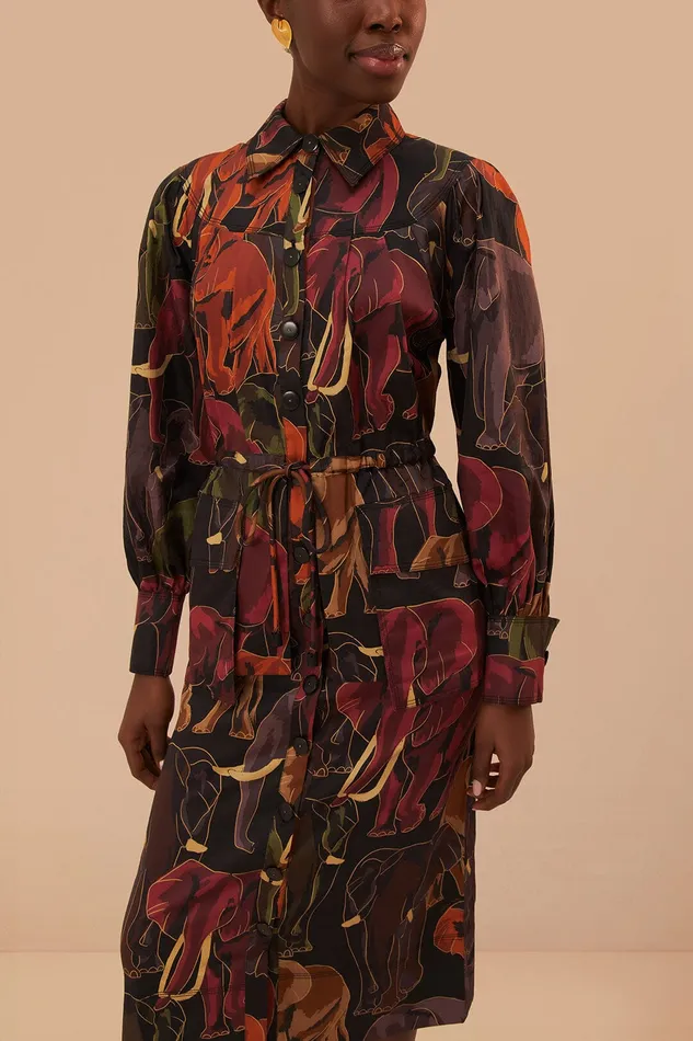 Brown Elephants Long Sleeve Midi Dress Women Farm Rio Midi Dresses