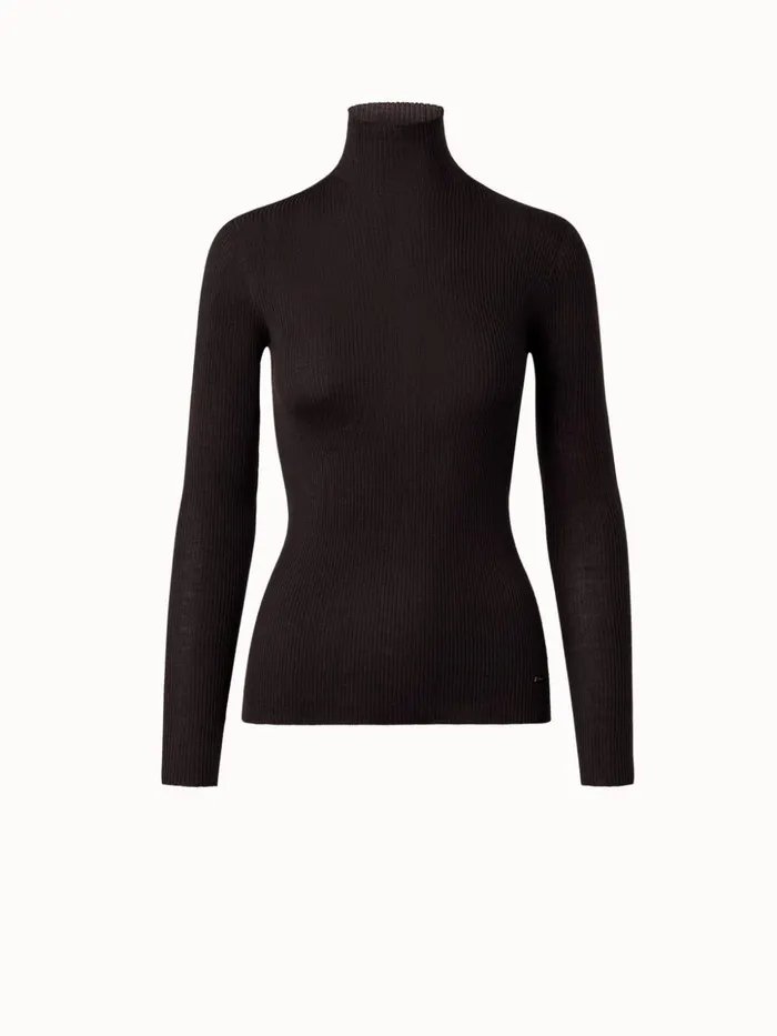 Cashmere Silk Fine Rib Mock Neck Mocca Women Akris Knitwear