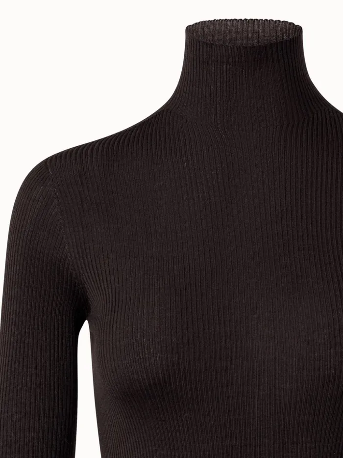Cashmere Silk Fine Rib Mock Neck Mocca Women Akris Knitwear