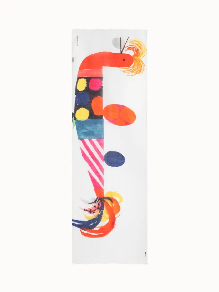 Cashmere Silk Scarf With Rooster Print Ecru Women Akris Cashmere