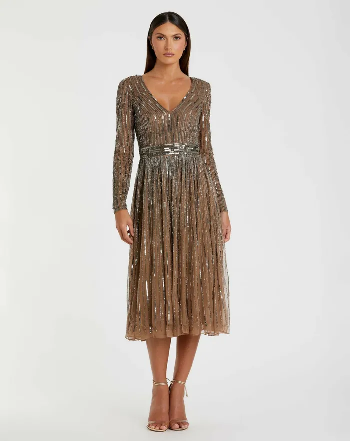 Cocktail Dresses Mac Duggal Women Brown Long Sleeve Tea Length Dress Dark Taupe