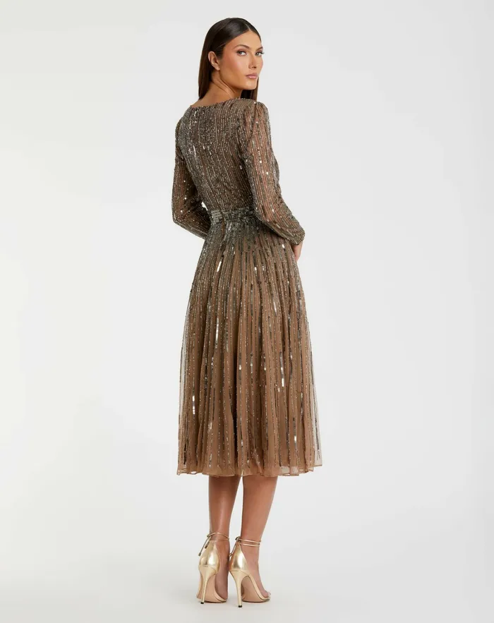 Cocktail Dresses Mac Duggal Women Brown Long Sleeve Tea Length Dress Dark Taupe
