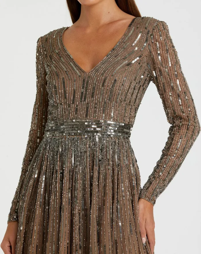 Cocktail Dresses Mac Duggal Women Brown Long Sleeve Tea Length Dress Dark Taupe