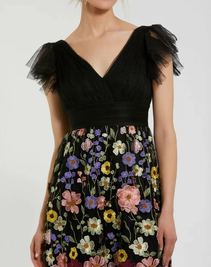 Cocktail Dresses Mac Duggal Women Embroidered Ruched Flutter Sleeve A Line Dress Black Multi