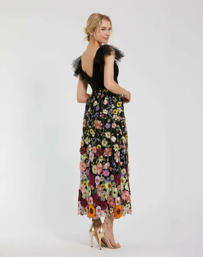 Cocktail Dresses Mac Duggal Women Embroidered Ruched Flutter Sleeve A Line Dress Black Multi