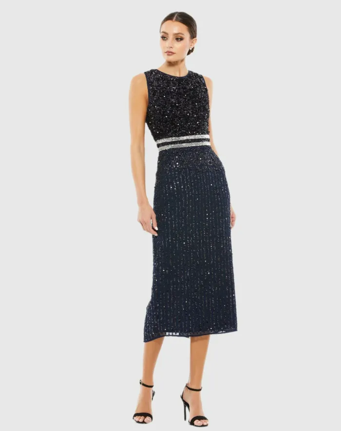 Cocktail Dresses Navy Sleeveless High Neck Beaded Midi Sheath Dress Navy 8211 Mac Duggal Women