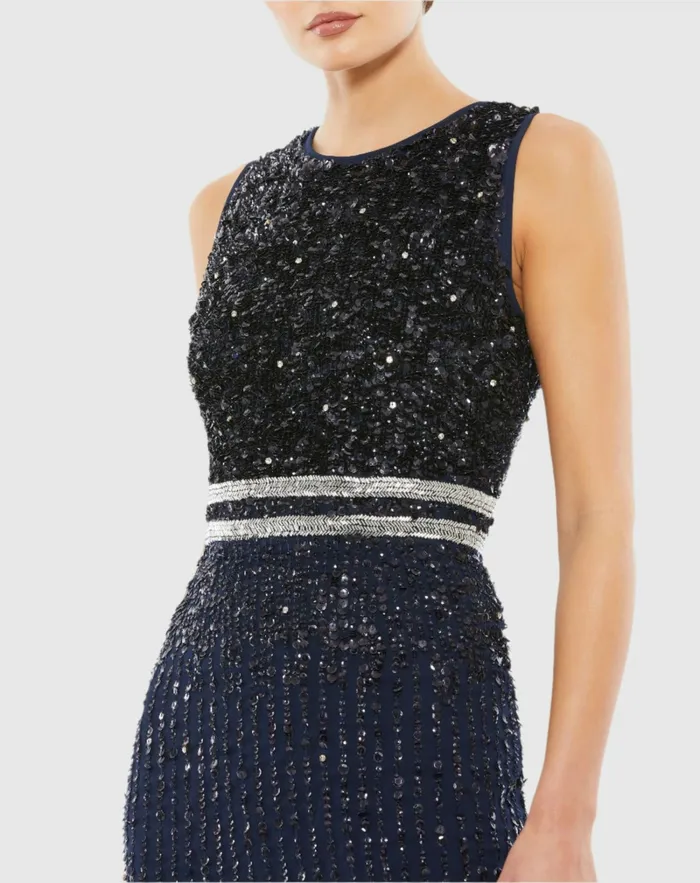 Cocktail Dresses Navy Sleeveless High Neck Beaded Midi Sheath Dress Navy 8211 Mac Duggal Women