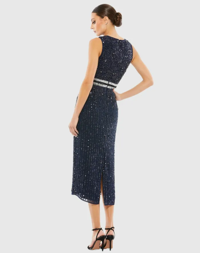 Cocktail Dresses Navy Sleeveless High Neck Beaded Midi Sheath Dress Navy 8211 Mac Duggal Women