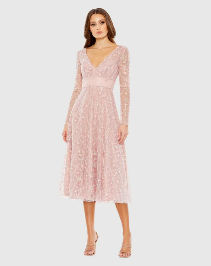 Cocktail Dresses Women Embellished Illusion Long Sleeve Dress Rose Mac Duggal