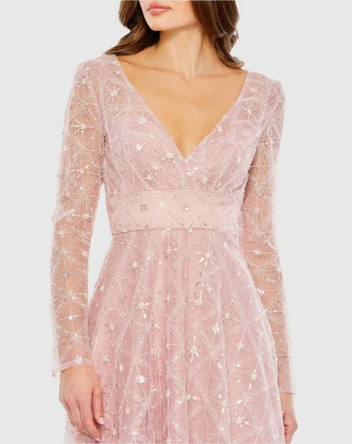 Cocktail Dresses Women Embellished Illusion Long Sleeve Dress Rose Mac Duggal