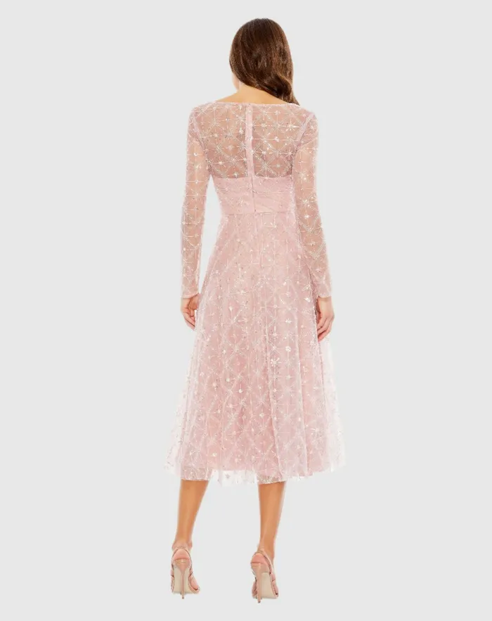 Cocktail Dresses Women Embellished Illusion Long Sleeve Dress Rose Mac Duggal